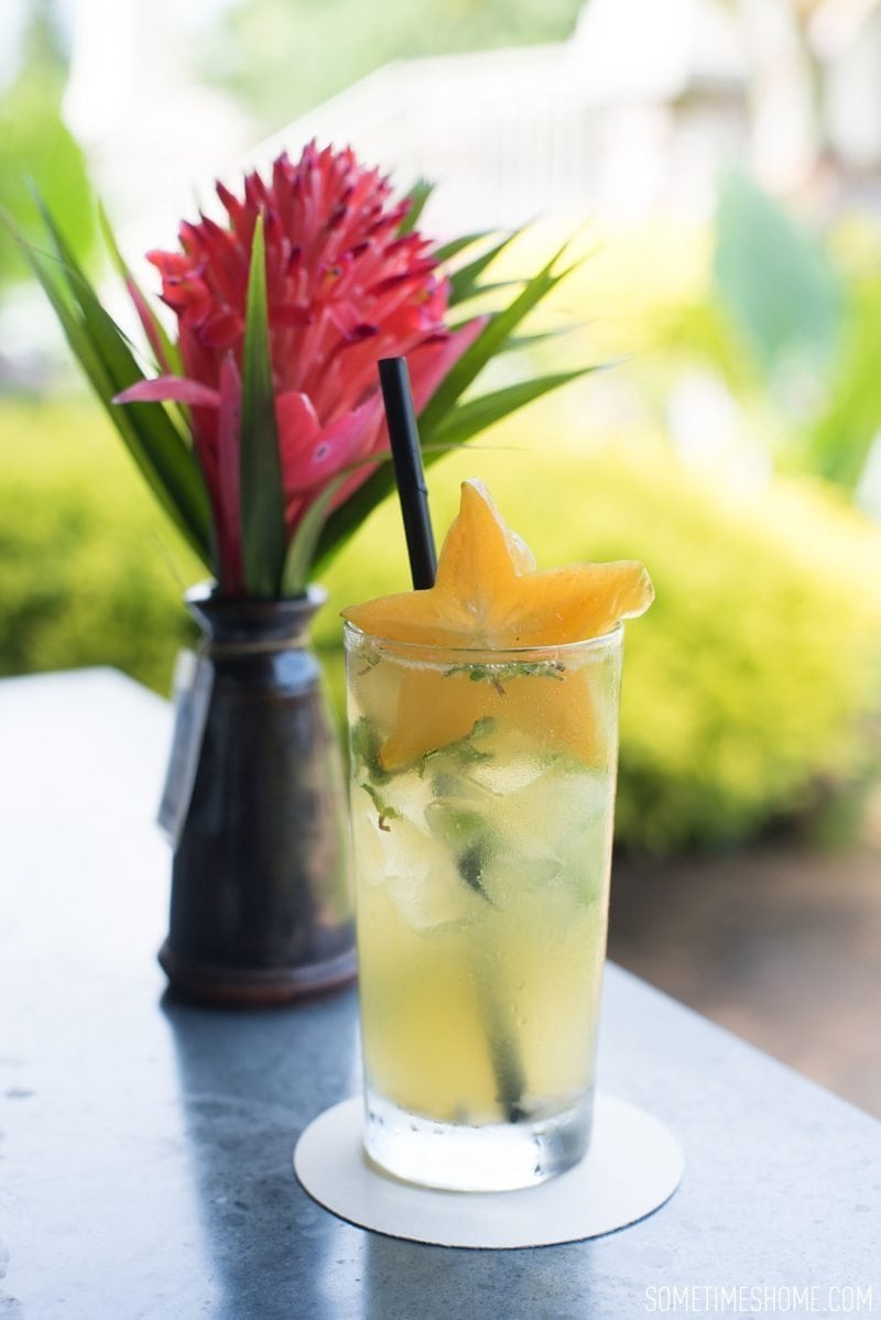 Kilohana Estate photos in Kauai by Sometimes Home travel blog, and professional photographer Mikkel Paige. Passionfruit cocktail with a slice of starfruit for an afternoon cocktail.