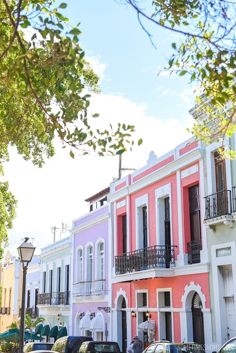 Three things to do in Puerto Rico travel post on Sometimes Home blog for travel tips and information. Photos of the colorful streets of old San Juan.