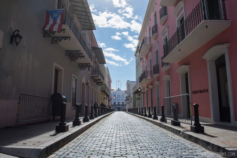 Three things to do in Puerto Rico travel post on Sometimes Home blog for travel tips and information. Photos of downtown old San Juan.