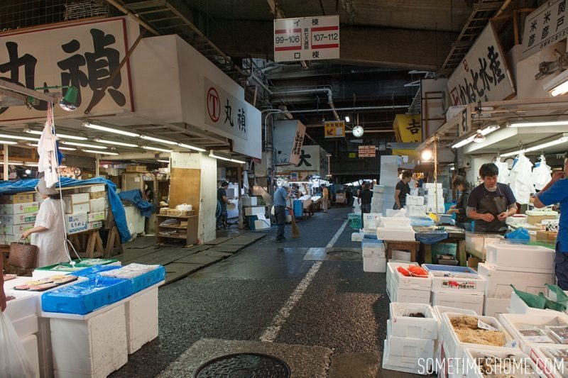 Experience and photos at Tsukiji Fish Market in Tokyo, Japan by Sometimes Home Travel Blog. Picture of the interior of the fish market.