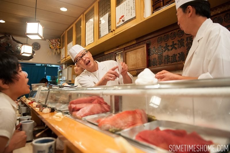 Sushi Dai Restaurant at Tsukiji Fish Market in Tokyo Japan. Photos on Sometimes Home travel blog with a picture of the chefs!