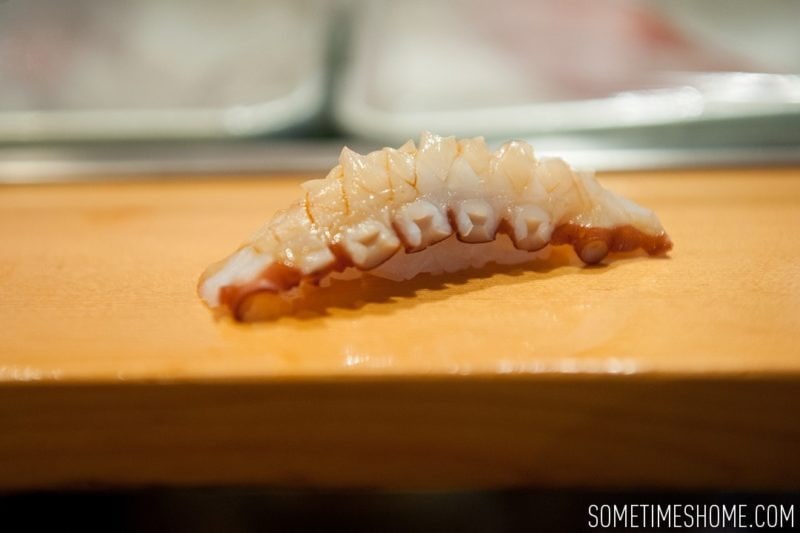 Sushi Dai Restaurant at Tsukiji Fish Market in Tokyo Japan. Photos on Sometimes Home travel blog with a picture of octopus.