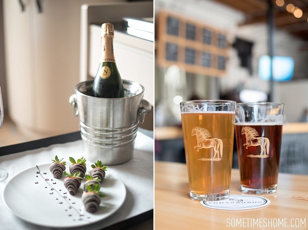 Incredible Downtown Durham Staycation Schedule. Sometimes Home travel advice. Photo of Ponysaurus brewery and chocolate covered strawberries and champagne from 21c Museum Hotel.