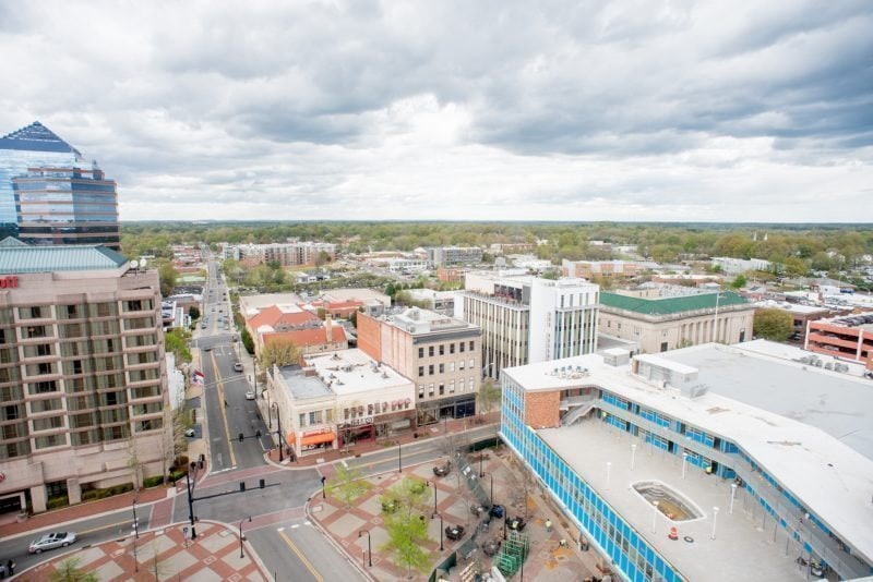 Incredible Downtown Durham Staycation Schedule. Sometimes Home travel advice. Photo of aerial view of the city from the 11th floor of 21c Museum Hotel.