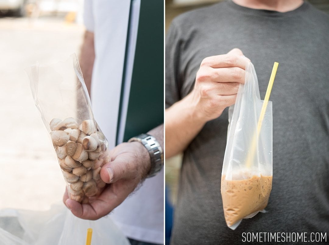 Fascinating Bangkok Place to Visit: Bangrok Tour, East Meets West on Sometimes Home travel blog. Photo of snacks and Thai iced coffee in local market.