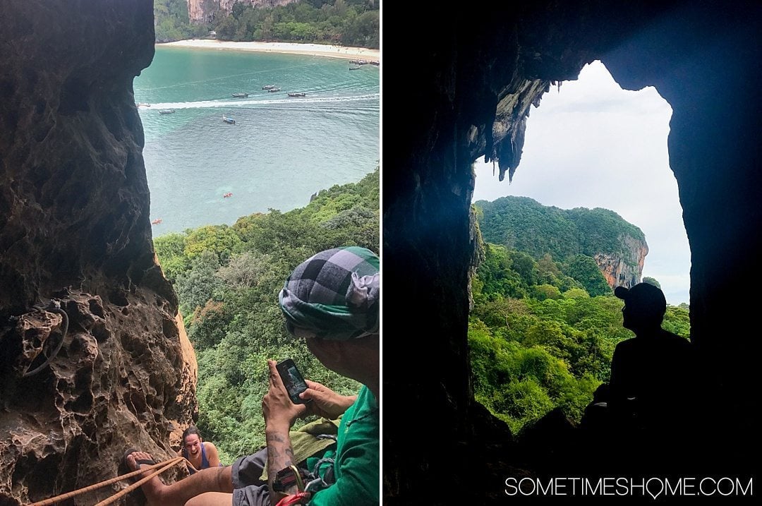 Phuket Thailand Private Rock Climbing Trip to Railay Beach photos with Gecko Thailand on Sometimes Home travel blog. Repelling down the limestone rock with the bay below.