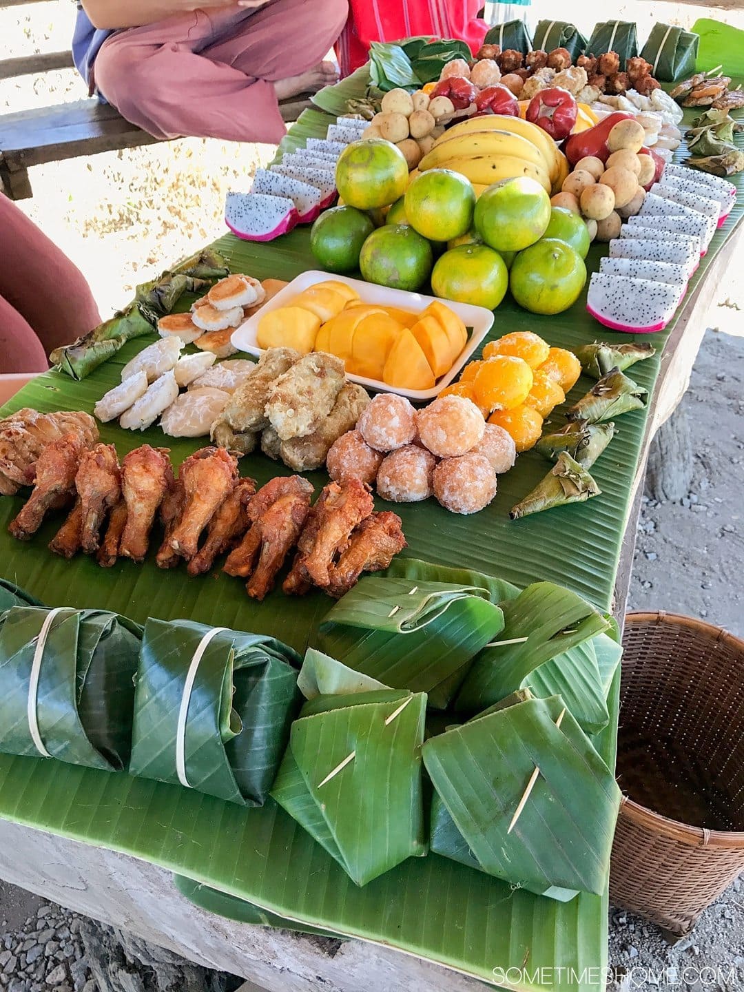 Vital FAQs Answered About Patara Elephant Farm in Chiang Mai. Information by Sometimes Home travel blog. A photo of the lunch of meat, rice and fruit included in the day.