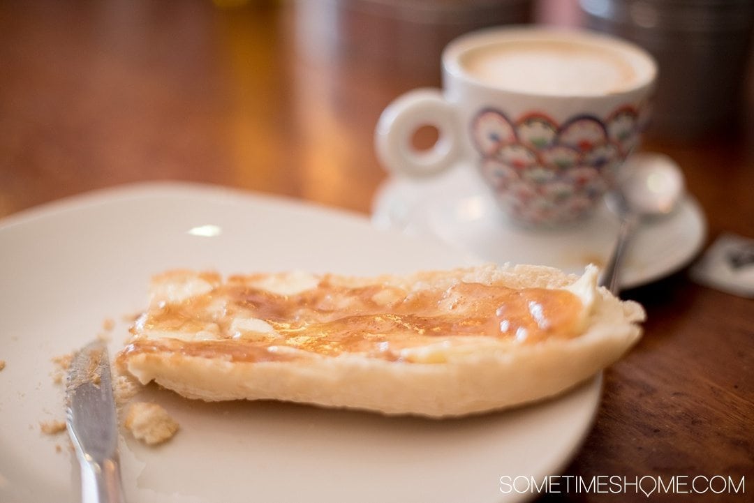 One Perfect Day in Granada Spain. Photos and itinerary on Sometimes Home travel blog. Picture of bread and butter with apples from Cafe Gatos