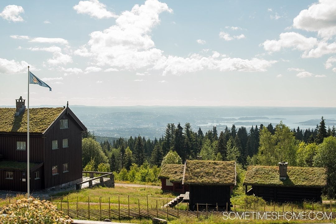 10 Not-to-Miss Sites in Oslo Norway by Sometimes Home travel blog. Photo of the view from Oslo's cozy chalet like Frognerseteren Restaurant.