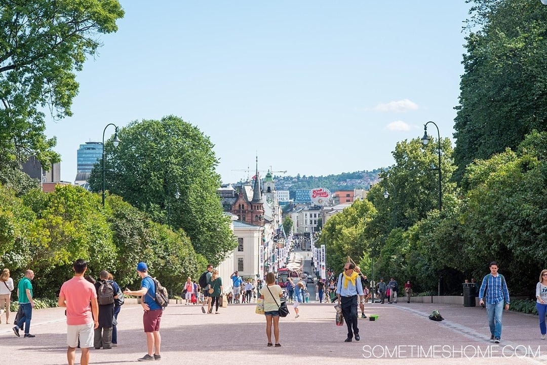 10 Not-to-Miss Sites in Oslo Norway by Sometimes Home travel blog. Photo of the view on Karl Johan's Gate famous, well known street.