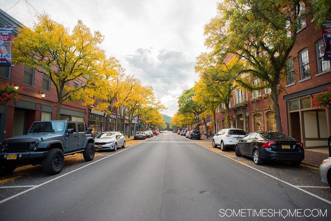 Things to do in Corning NY in the Finger Lakes region on Sometimes Home travel blog. Photo of the downtown area.