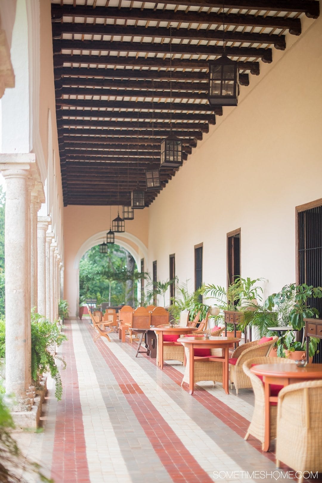 Hacienda Temozon Review and Photos on Sometimes Home travel blog. Picture of the front porch of the Starwood resort hotel.