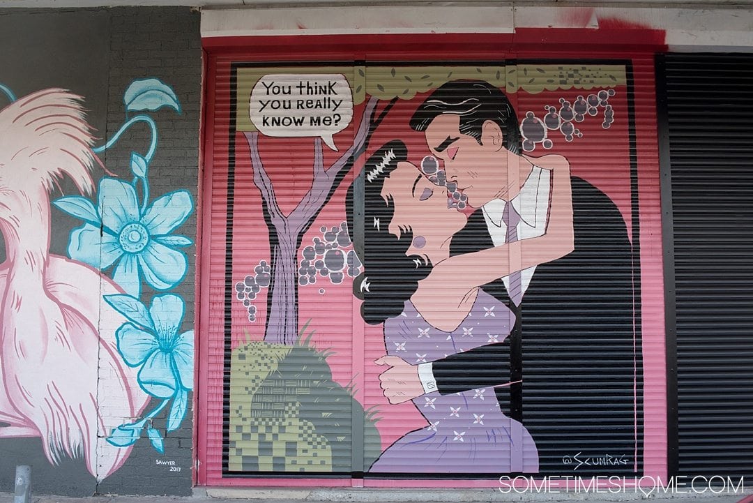 Photography of murals in the city of Tampa Bay, Florida. This is a free activity to partake in and is mostly located in the downtown neighborhood called The Heights. Embark on an adventure to take Instagram worthy pictures as we share where to find the best graffiti art of its kind, like this romantic retro couple! Click through to read which inspired us most and exactly where they’re located. #TampaBay #TampaFlorida #StreetArt #Murals #Graffiti