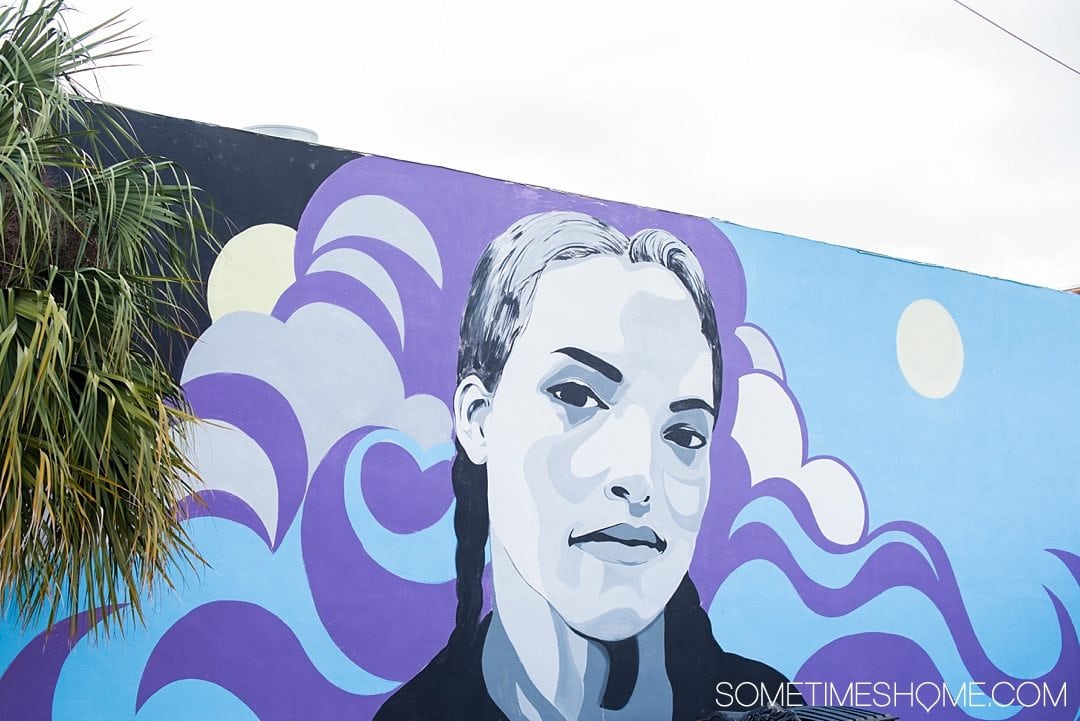 Photography of murals in the city of Tampa Bay, Florida. This is a free activity to partake in and is mostly located in the downtown neighborhood called The Heights. Embark on an adventure to take Instagram worthy pictures as we share where to find the best graffiti art of its kind, including this black and white, purple and blue portrait of a woman. Click through to read which inspired us most and exactly where they’re located. #TampaBay #TampaFlorida #StreetArt #Murals #Graffiti