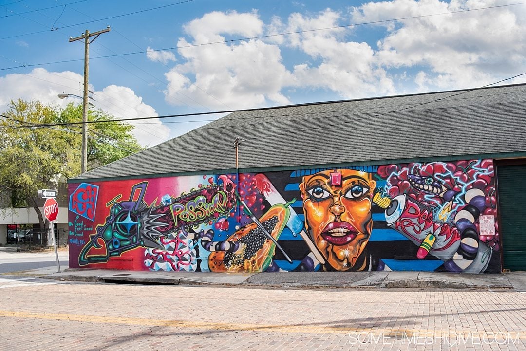 Photography of murals in the city of Tampa Bay, Florida. This is a free activity to partake in and is mostly located in the downtown neighborhood called The Heights. Embark on an adventure to take Instagram worthy pictures as we share where to find the best graffiti art of its kind, including this colorful wall (perfect for engagement photos too). Click through to read which inspired us most and exactly where they’re located. #TampaBay #TampaFlorida #StreetArt #Murals #Graffiti