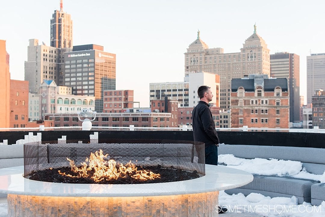 Review and photography of the Curtiss Hotel Buffalo NY. This downtown luxury accommodation has a delicious bar and restaurant, high tech rooms, and good nightlife if you're looking for things to do. The rooftop bar provides incredible views of the city. Click through for info about access! #Buffalove #BuffaloNY #TravelBUF #VisitBuffaloNiagara #Buffalo