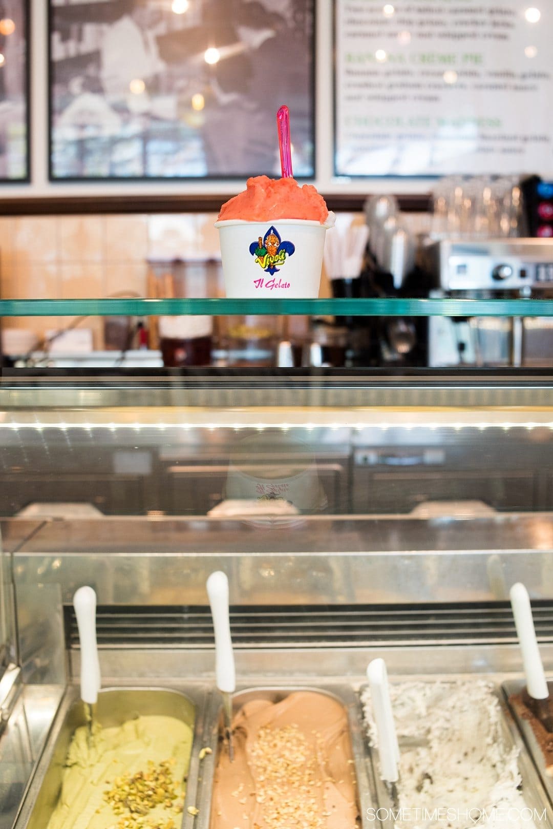 Sorbet at a Gelato shop at Disney Springs on top of the counter.