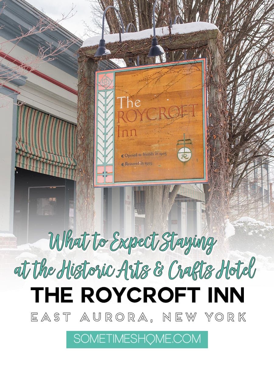 Review of the Roycroft Inn in East Aurora New York, part of the historic Arts and Crafts movement. This beautiful hotel could be a home away from home for the weekend! It's located just about thirty minutes from Buffalo in western NY. Stay a few nights and admire its design, restaurants and museum. Click through for photographs and info you need to know before you go on Sometimes Home. #RoycroftInn #EastAuroraNY #EastAurora #WesternNY #BuffaloNY #BuffaloNewYork #Buffalo #SometimesHome 