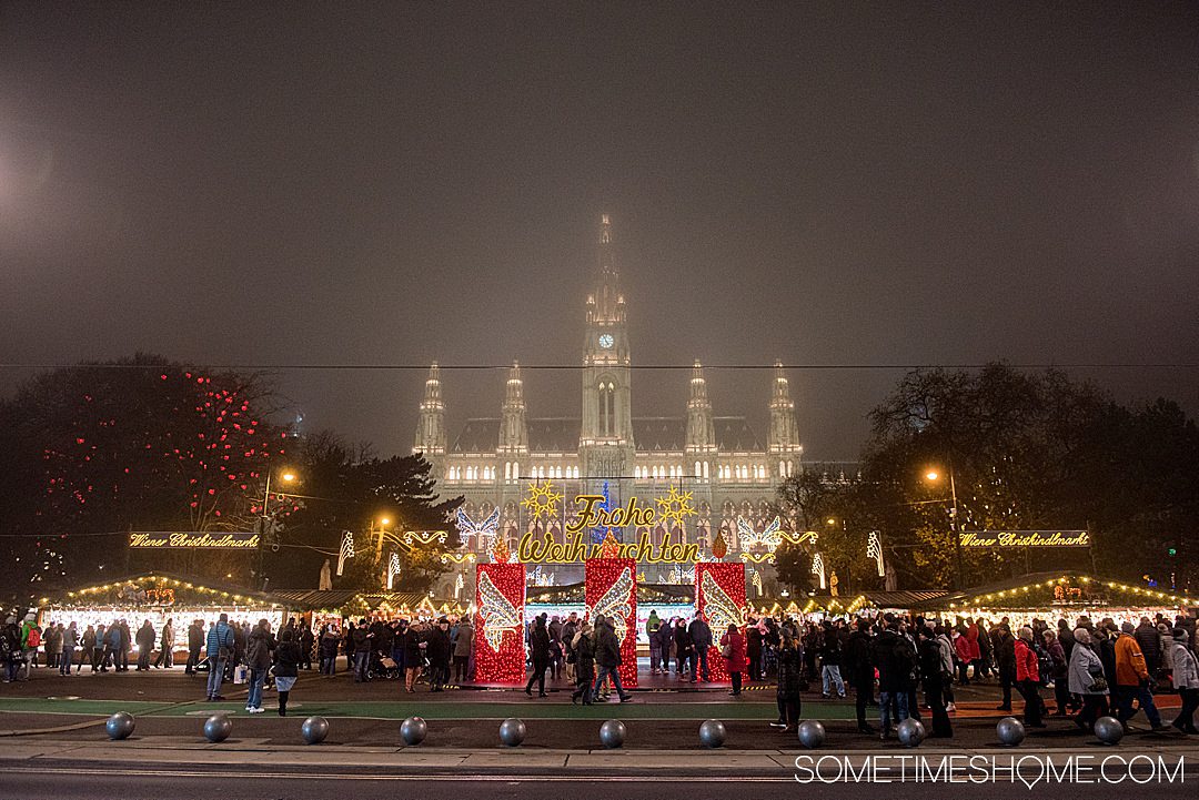 Danube Viking Christmas River Cruise photos with holiday markets in Vienna, Austria on a misty evening. The dazzling lights kept everyone warm. Click through for the entire cruise itinerary. #RiverCruise #ChristmasRiverCruise #SometimesHome