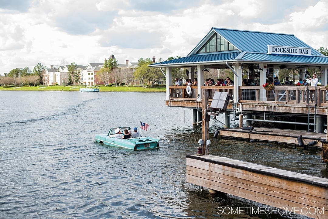 Fun things to do for adults at Walt Disney World besides parks. These ideas include things that don't require admission tickets, like Disney Springs Amphicars at The Boathouse that travel on land and sea. Your Florida trip vacation planning inspiration will expand with these tips especially if you're on a budget or want a day away from Epcot, the Magic Kingdom, Animal Kingdom or Hollywood Studios. #DisneyWorldPlanning #DisneyVacation #SometimesHome #WaltDisneyWorld #WaltDisneyWorldforAdults