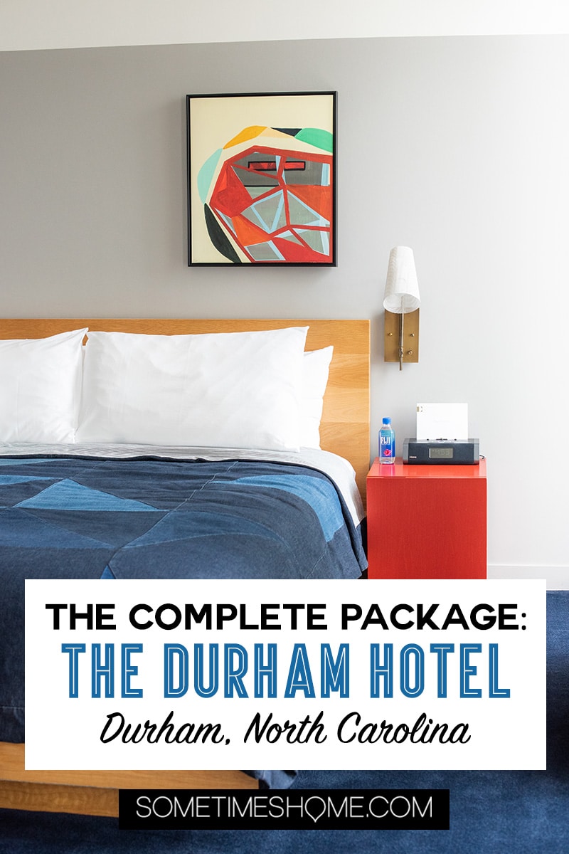 Downtown Durham, NC hotel decorated in Mid-Century Modern style. Check out photography of The Durham Hotel, the complete package. With a restaurant with James Beard Award Winning Chef, Rooftop Yoga with views of the skyline and great nightlife and cocktails. It's 30 minutes from Raleigh and a great staycation weekend getaway option too. #SometimesHome #MidCenturyModernHotel #RooftopBar #DowntownSkyline #DurhamNC #DurhamNorthCarolina