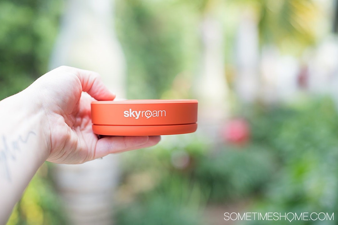 Portable travel wifi hotspot that will fit in clothes as a pocket wifi device on vacations! Skyroam is the best travel gift and essential technology for wanderlusters on the go. #skyroam #sometimeshome #wifihotspot #pocketwifi #traveltechnology