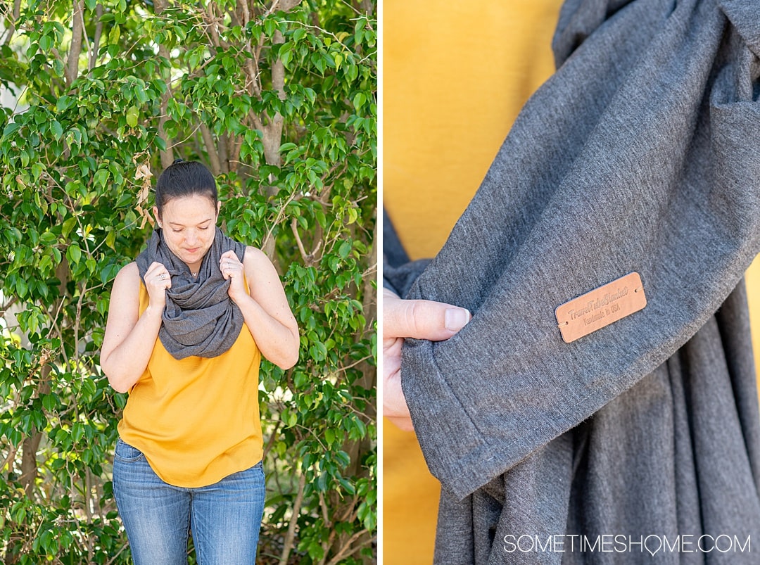 Travel blanket photos that can be worn as a wrap or scarf.