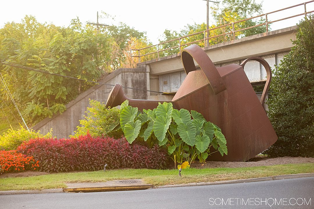 Steel watering can sculpture in Staunton, Virginia.