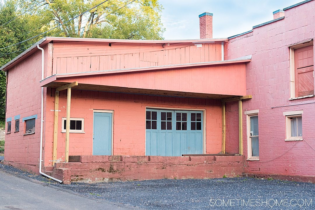 Pink and blue loading dock in downtown Staunton, Virginia.