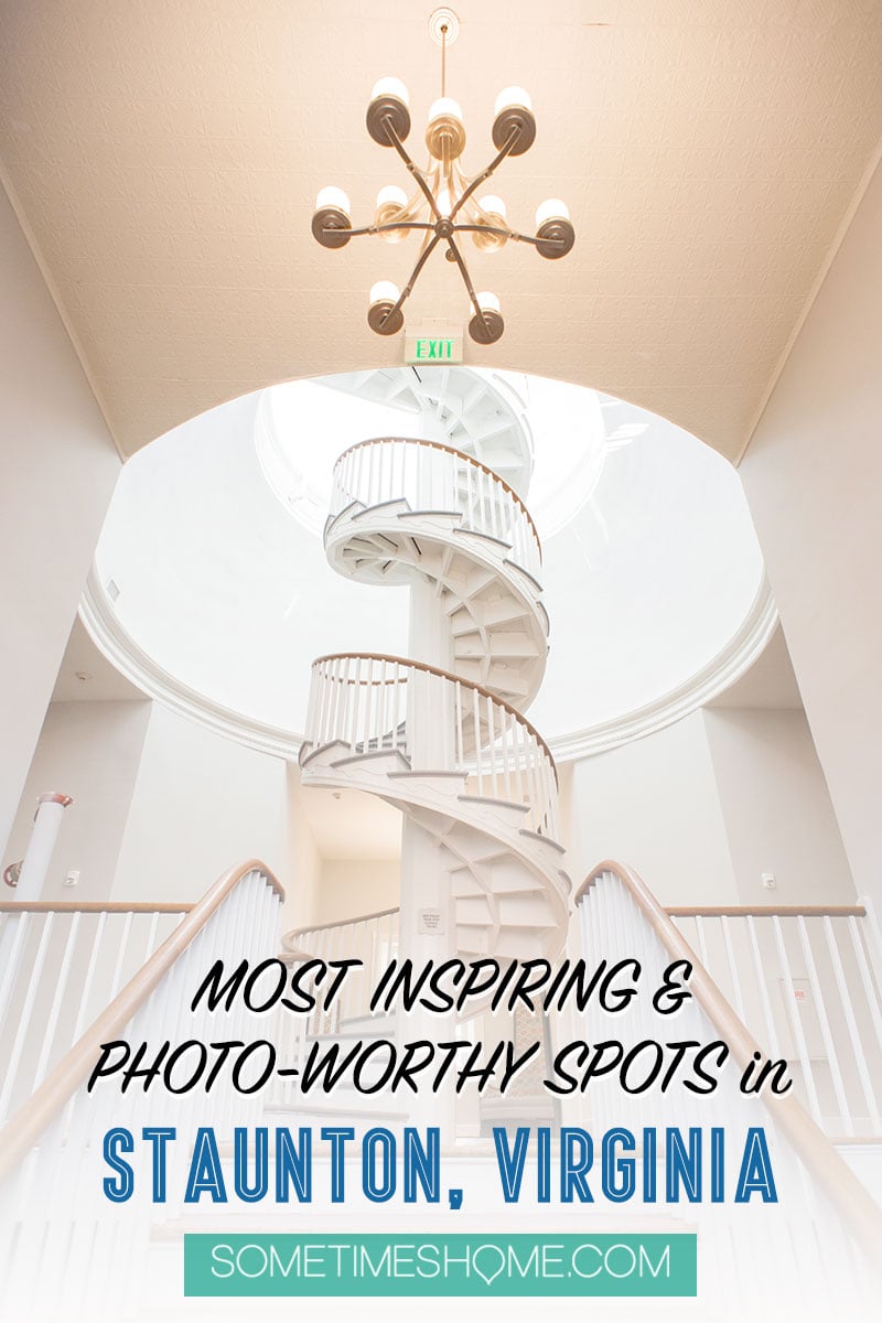 Pinterest image for the Blackburn Inn luxury boutique hotel spiral staircase in Staunton, Virginia.