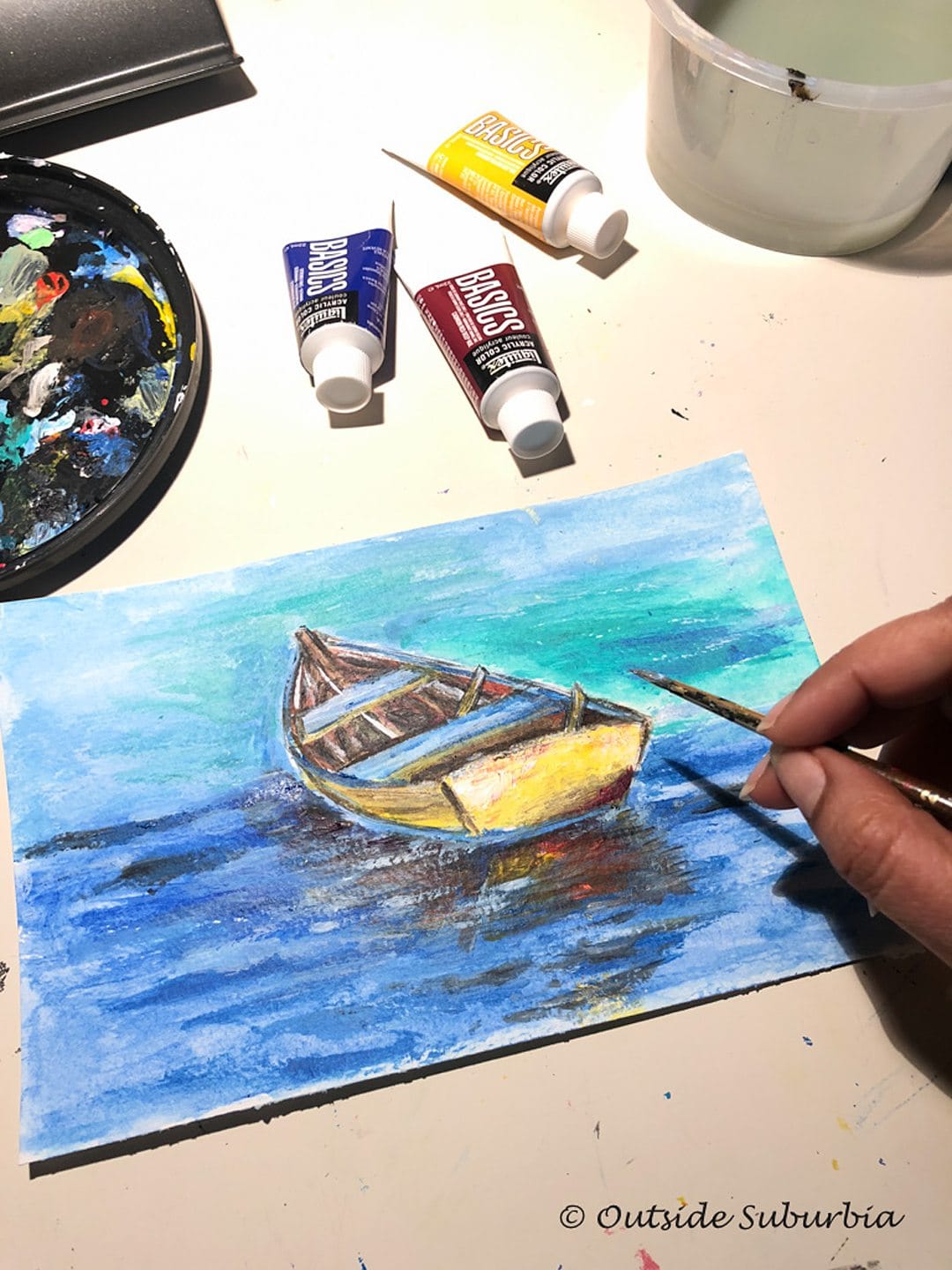 Painting of a boat in water.