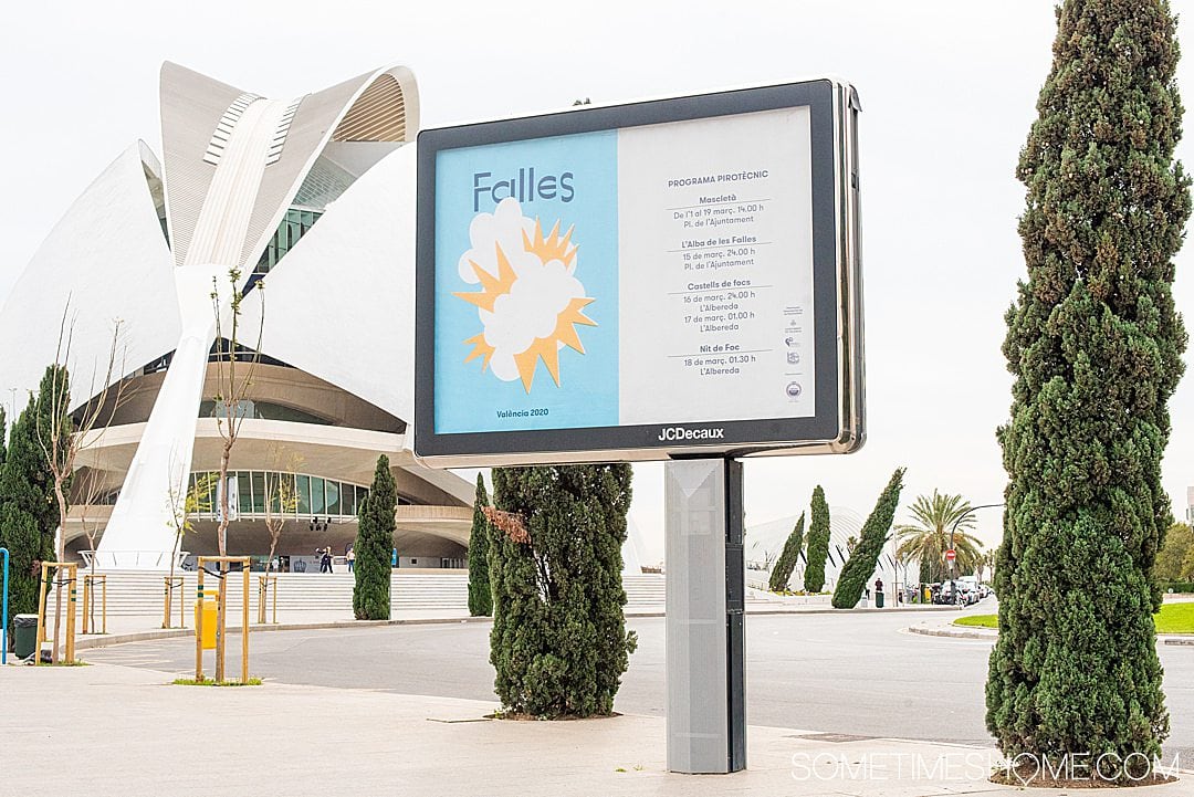 Falles Festival billboard in Valencia in 2020 by the City of Arts and Sciences showing the events in March.