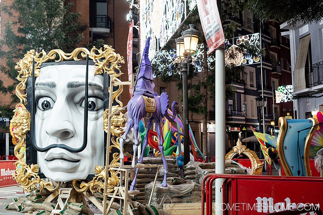 One of the Dali themed Fallas monuments being built in a neighborhood of Valencia.