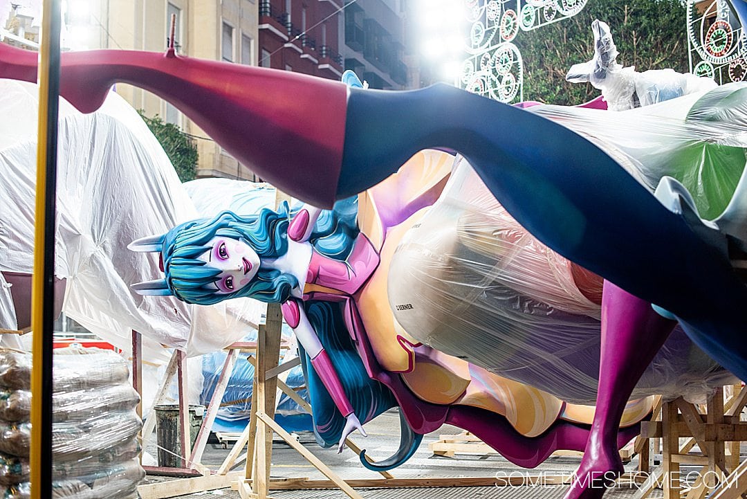One of the themed Fallas monuments being built in a neighborhood of Valencia.