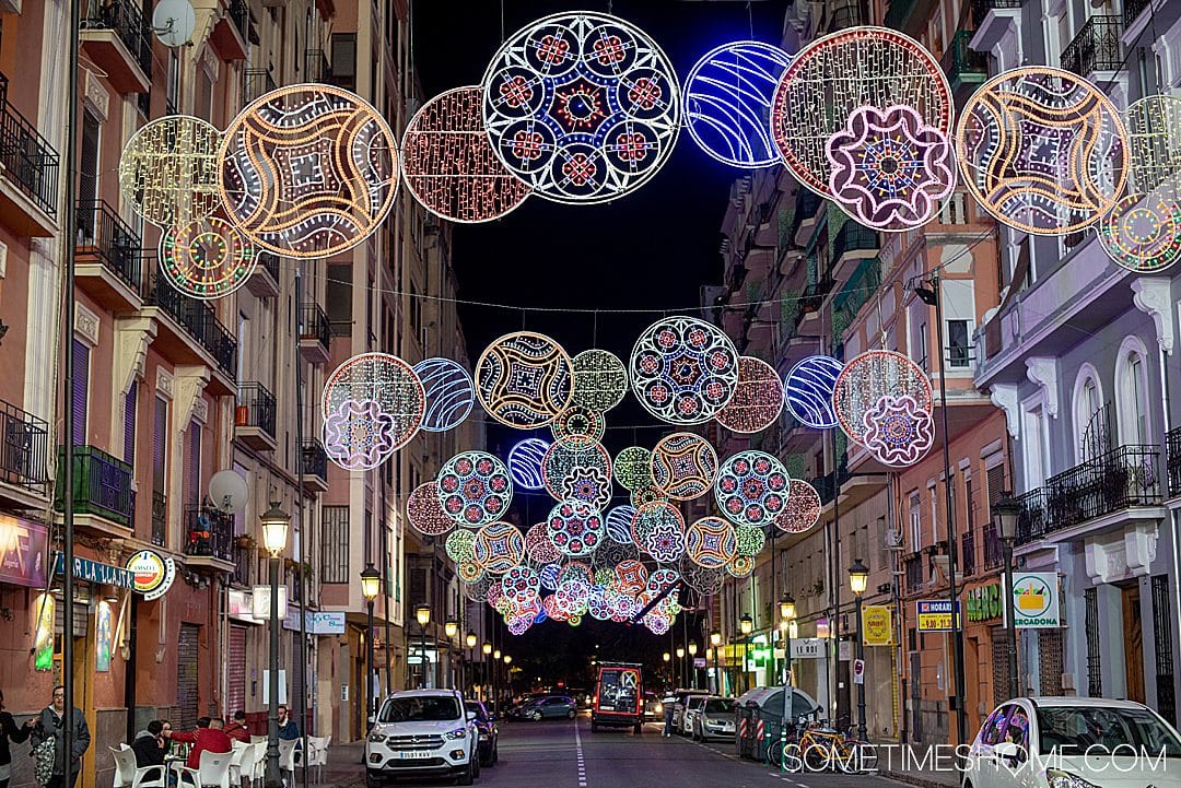 The night lights in the Russafa neighborhood of Valencia for Fallas.