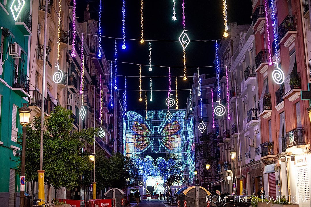 The night lights in the Russafa neighborhood of Valencia for Fallas.