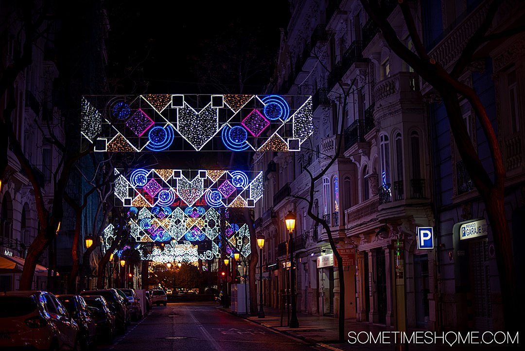 The night lights in the Russafa neighborhood of Valencia for Fallas.