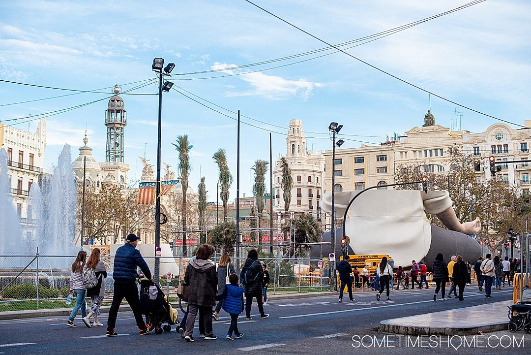 The main square of Valencia during Fallas with the main sculpture monument being constructed.