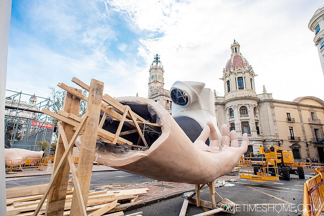 The main square of Valencia during Fallas with the main sculpture monument being constructed.