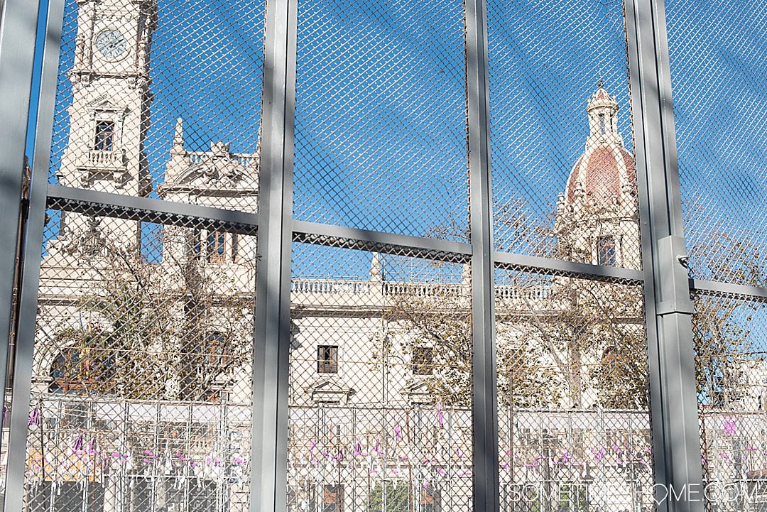 The fireworks strung up in the city center of Valencia for the fallas festival mascleta show.