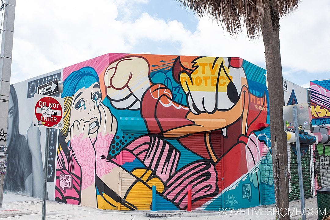 Pop Art mural in Wynwood, Miami by BustArt on Sometimes Home travel site with information on additional things to do in the neighborhood.