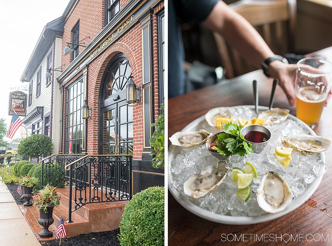 Photo of the front of a restaurant and oysters on the half shell.