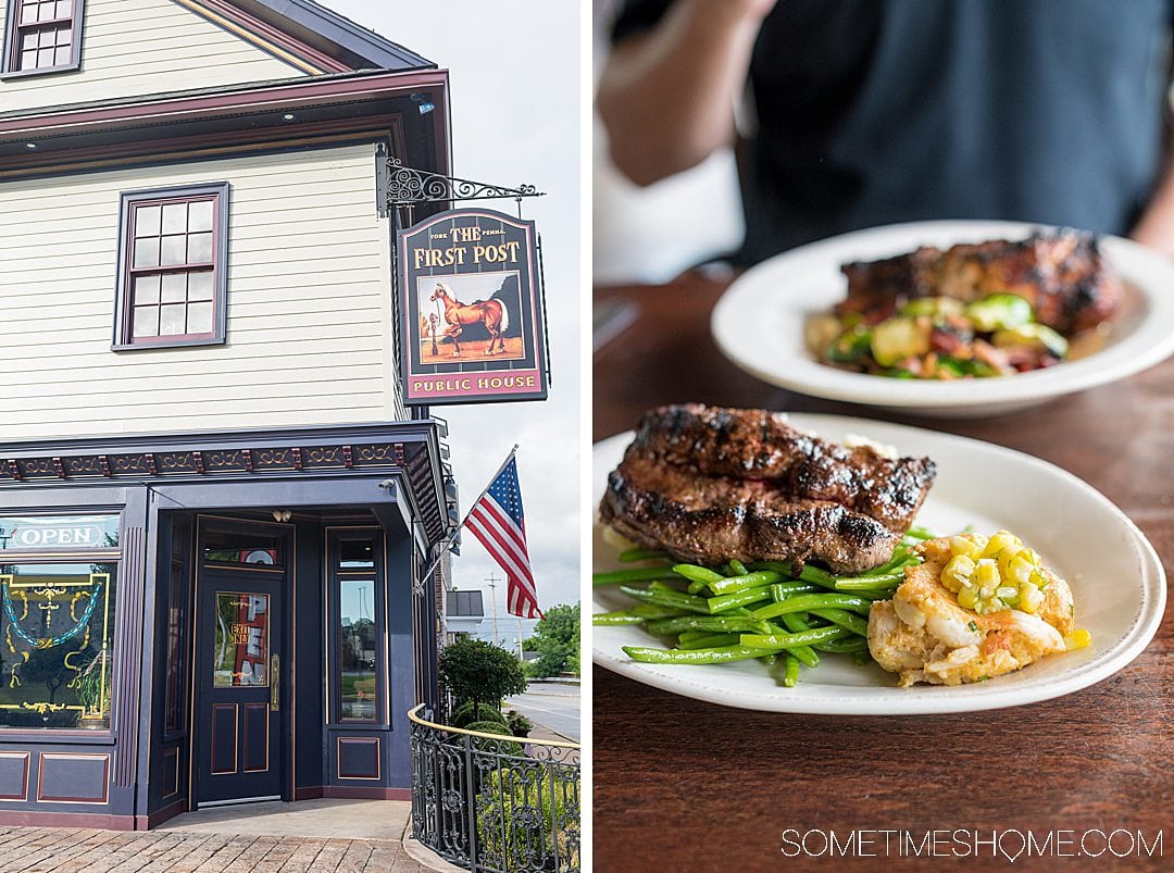 Front of a restaurant and steak dinner.