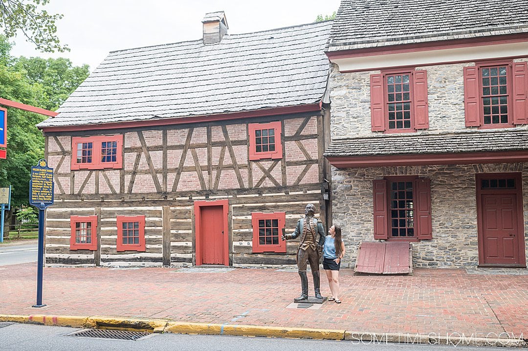 Colonial building and statue of Marquis de Lafayette in York, PA