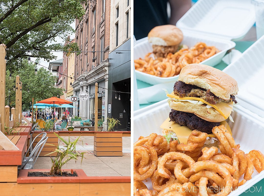 An outdoor patio and curly fries and sandwiches