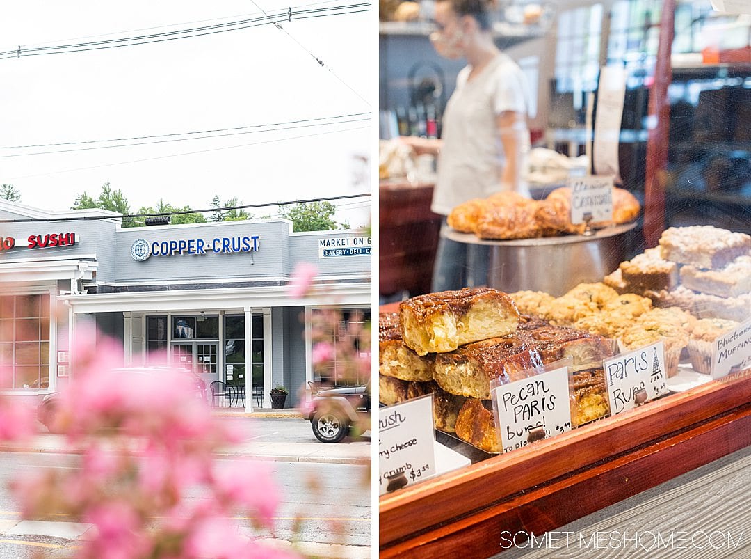 Front of a bakery and cinnamon rolls inside a glass case.