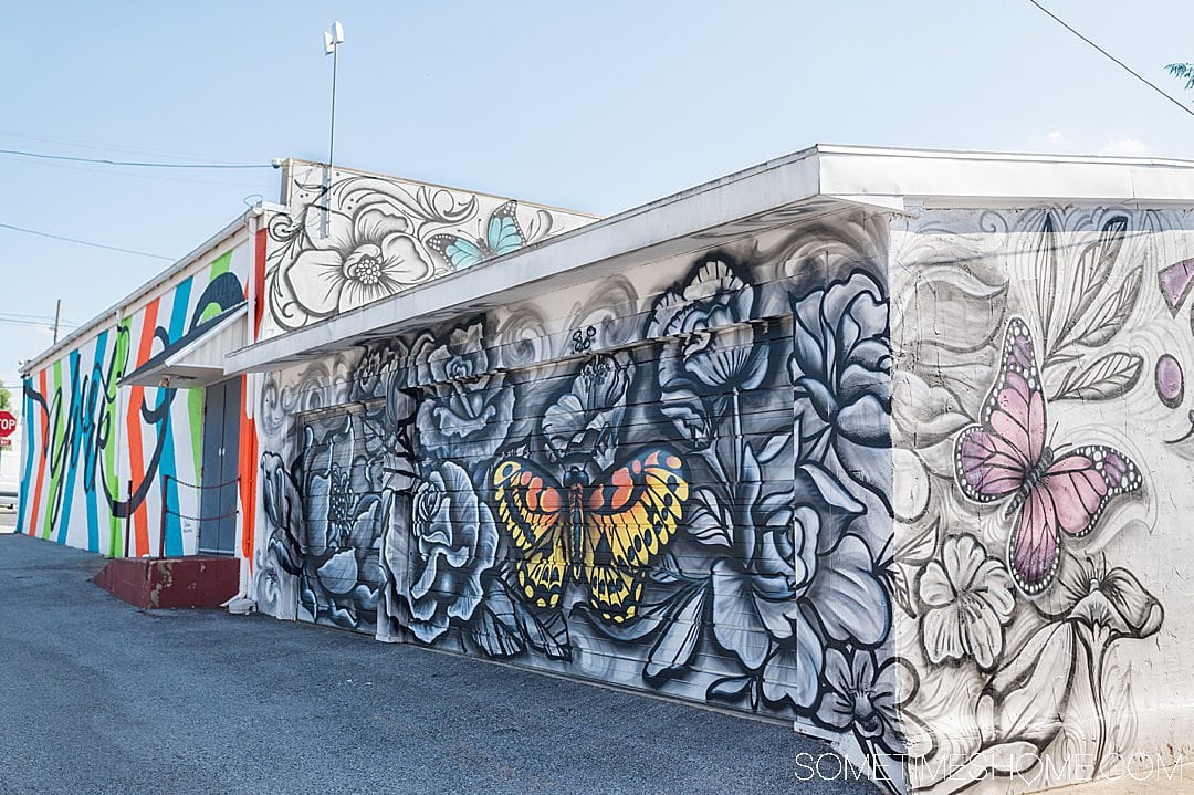 Black and white mural with colorful butterflies in York, PA