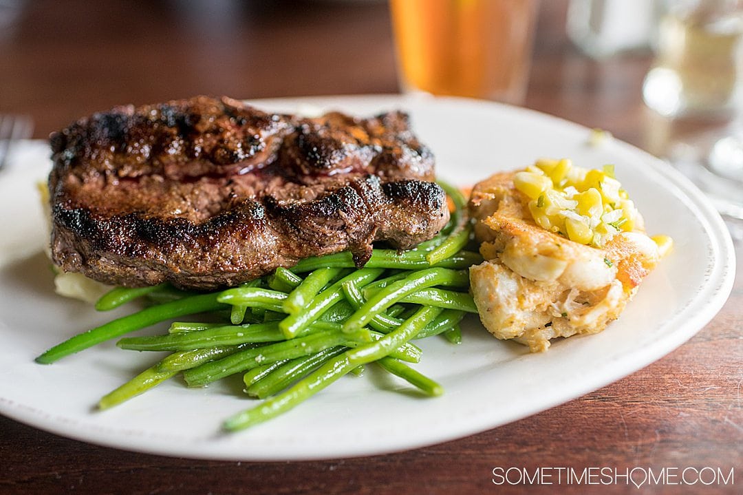 steak dinner with a crab cake