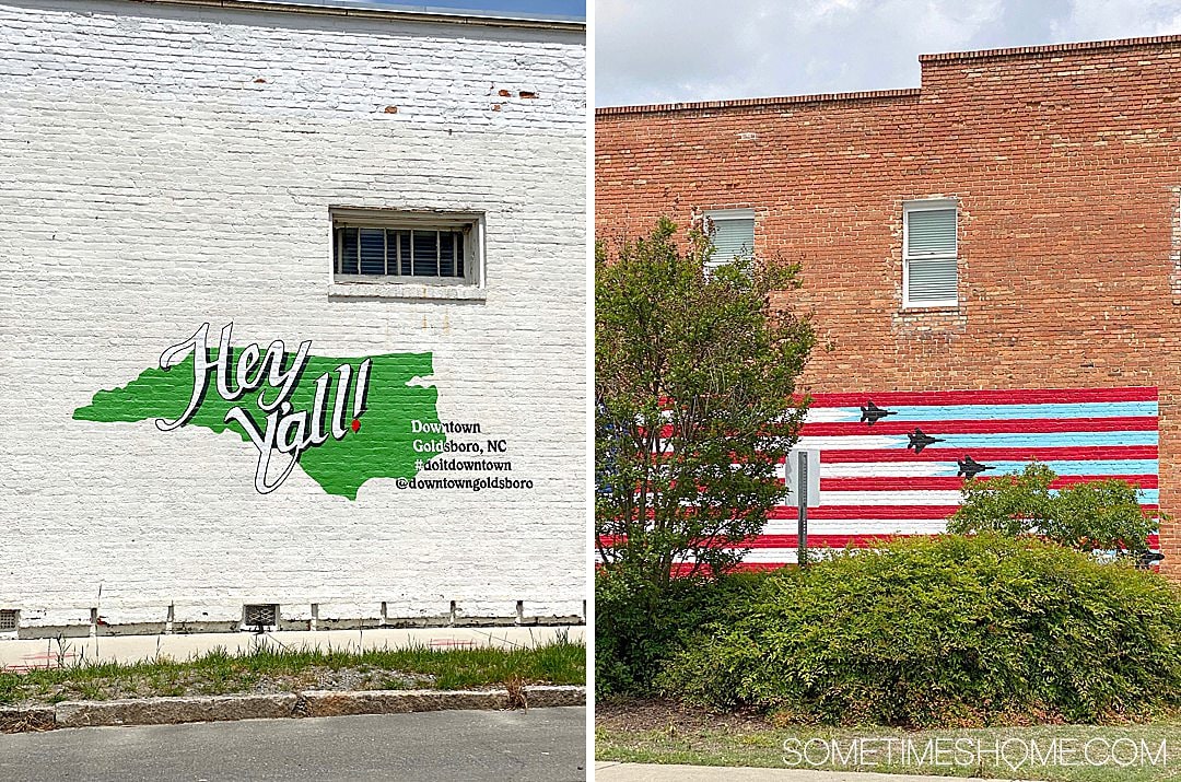 Flag mural and state outline mural in Goldsboro, NC