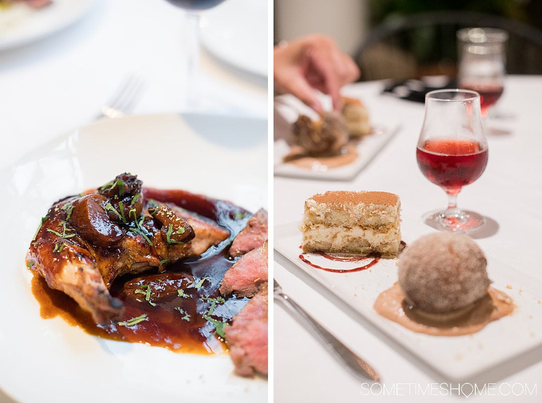 Plate of chicken with a brown mushroom sauce and tiramisu dessert with dessert wine at The Siena Hotel's Il Palio restaurant.